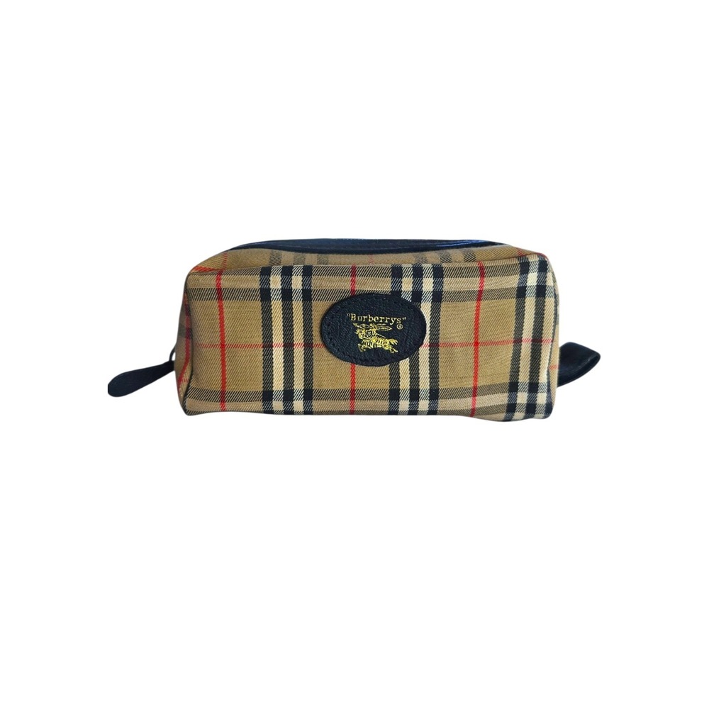 Vintage Burberrys Nova Check Toiletry Bag Canvas Leather Trim Pouch Tan